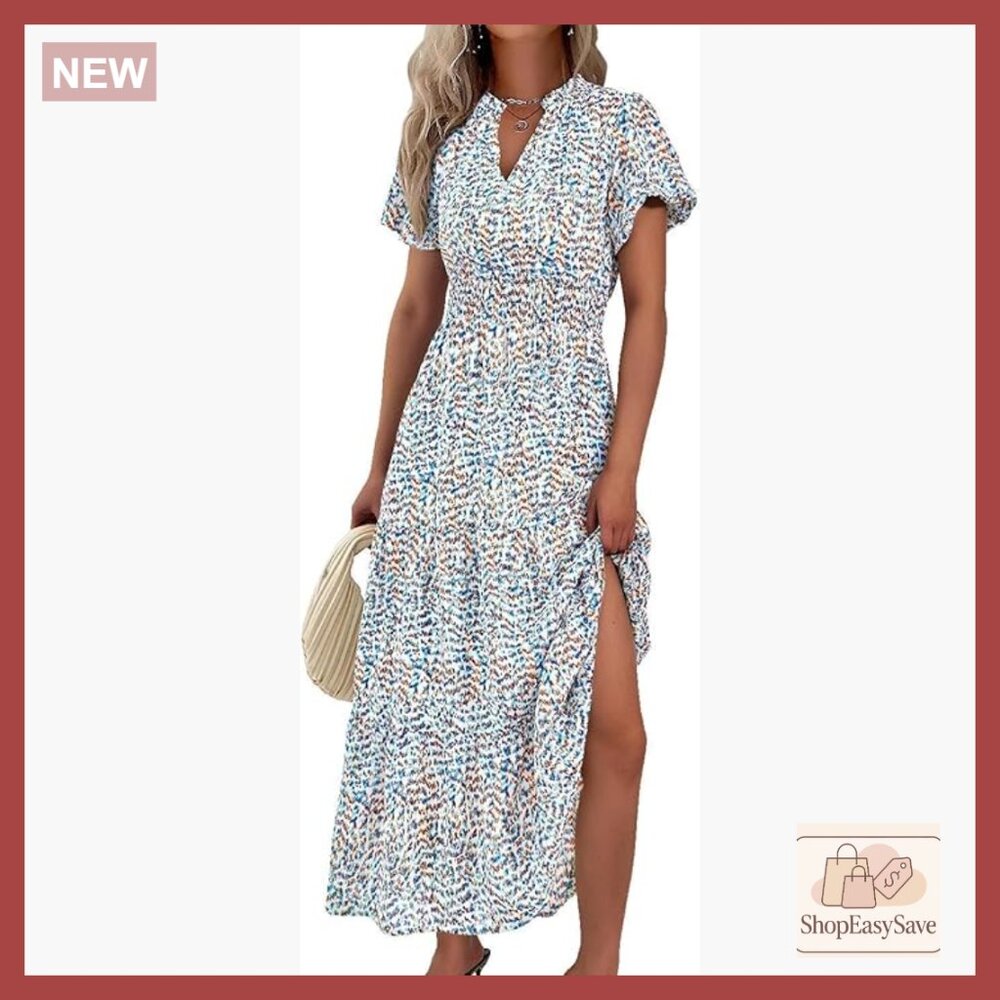 Floral Maxi Dress Boho Casual V Neck Puff Sleeve Smocked Waist Beach Vacation